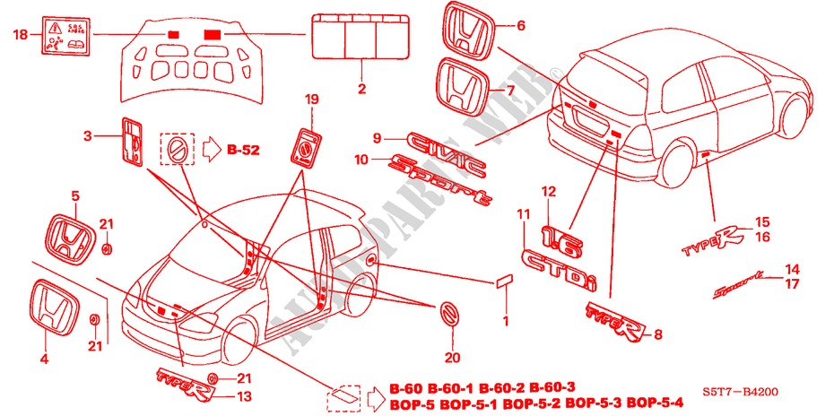 EMBLEMAS/ETIQUETAS DE PRECAUCION para Honda CIVIC 1.6 SPORT 3 Puertas 5 velocidades manual 2005