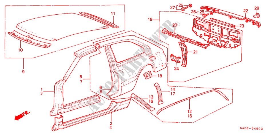 ESTRUCTURA DE CUERPO(3)(3D) para Honda ACCORD EX 1600 3 Puertas 4 velocidades automática 1984