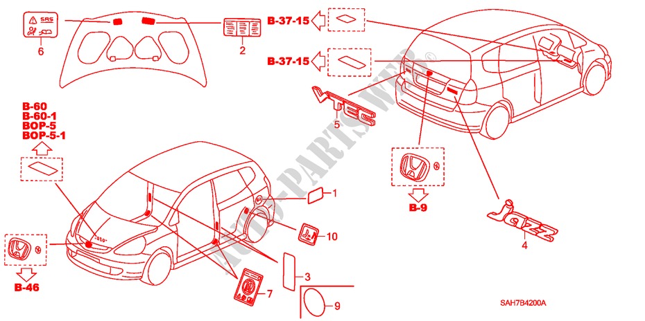 EMBLEMAS/ETIQUETAS DE PRECAUCION para Honda JAZZ 1.4 LS 5 Puertas automática completa 2007