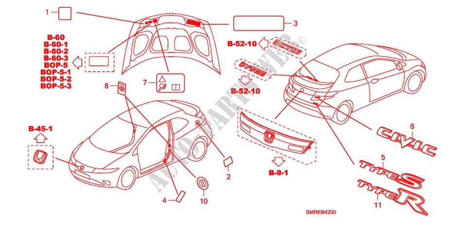 EMBLEMAS/ETIQUETAS DE PRECAUCION para Honda CIVIC 2.0 TYPE-R    PLUS 3 Puertas 6 velocidades manual 2011