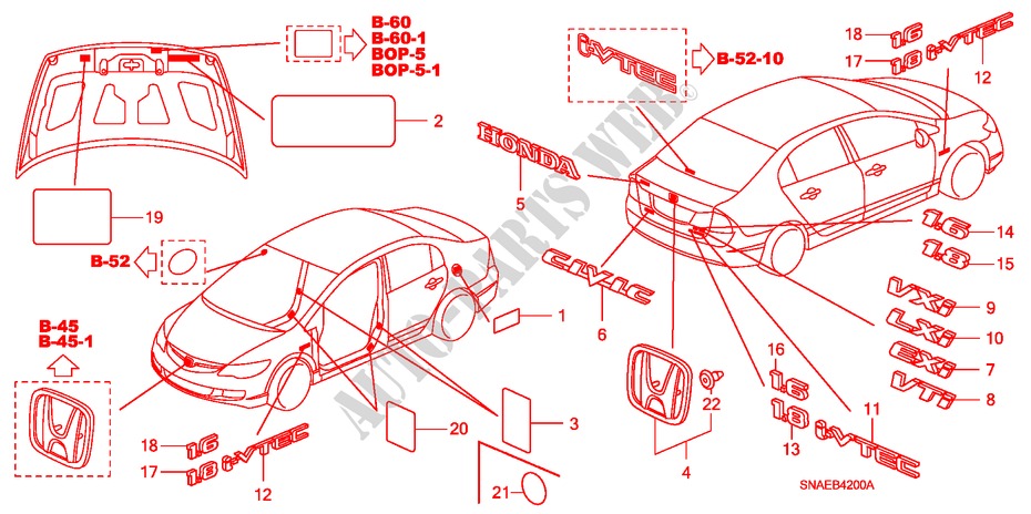 EMBLEMAS/ETIQUETAS DE PRECAUCION para Honda CIVIC VTI 4 Puertas 5 velocidades manual 2009