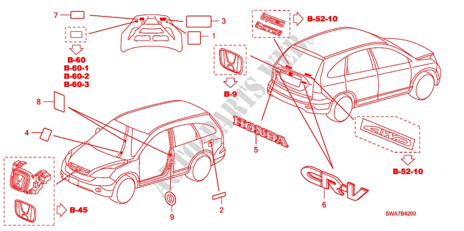 EMBLEMAS/ETIQUETAS DE PRECAUCION para Honda CR-V RVSI 5 Puertas 6 velocidades manual 2008