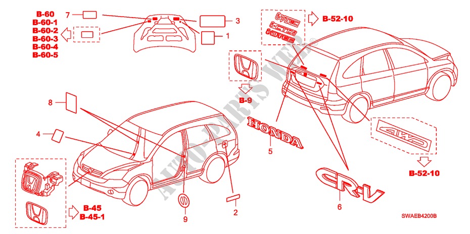 EMBLEMAS/ETIQUETAS DE PRECAUCION para Honda CR-V ES 5 Puertas 6 velocidades manual 2010
