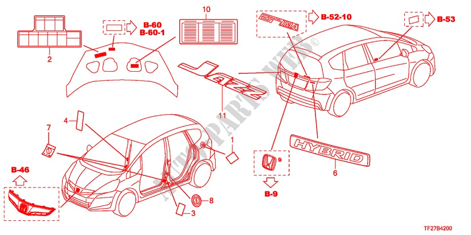 EMBLEMA/ETIQUETA DE PRECAUCION para Honda JAZZ HYBRID IMA-H 5 Puertas automática completa 2012