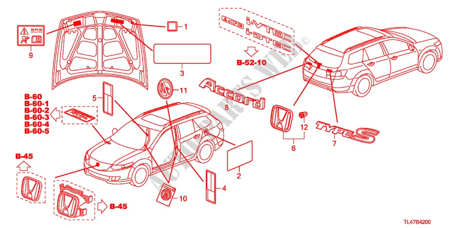 EMBLEMAS/ETIQUETAS DE PRECAUCION para Honda ACCORD TOURER 2.2 ES-GT 5 Puertas 6 velocidades manual 2009