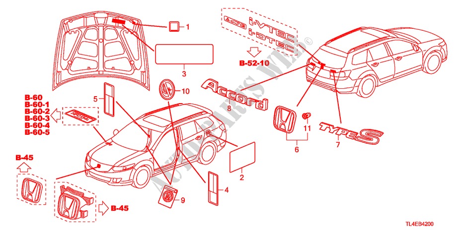 EMBLEMAS/ETIQUETAS DE PRECAUCION para Honda ACCORD TOURER 2.4 EXECUTIVE 5 Puertas 6 velocidades manual 2010
