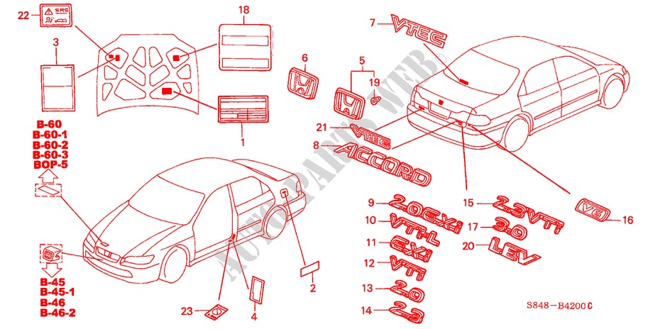 EMBLEMAS/ETIQUETAS DE PRECAUCION para Honda ACCORD 2.3 LEV 4 Puertas 4 velocidades automática 2000