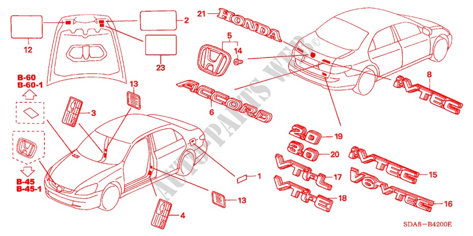 EMBLEMAS/ETIQUETAS DE PRECAUCION para Honda ACCORD VTIL 4 Puertas 5 velocidades manual 2006