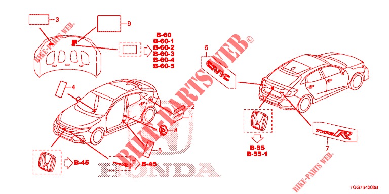 EMBLEMAS/ETIQUETAS DE PRECAUCION  para Honda CIVIC  TYPE R 5 Puertas 6 velocidades manual 2017